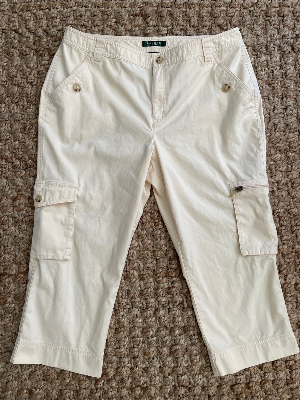 Lauren Ralph Lauren Butter Yellow Cargo Capri Pants Size 12 Stretch Cotton - Picture 2 of 9